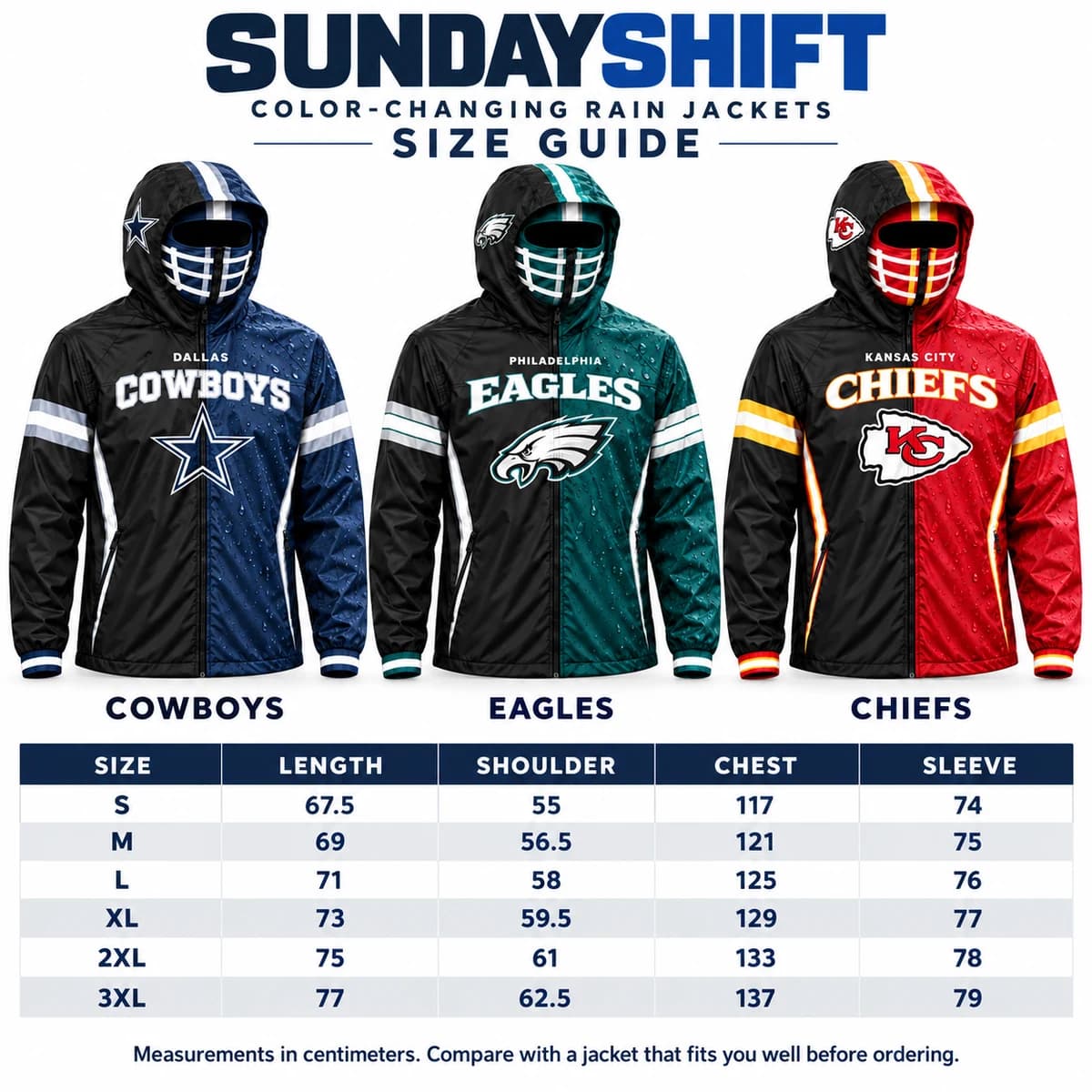 MySundayJacket jacket size guide: S through 3XL, measurements in centimetres